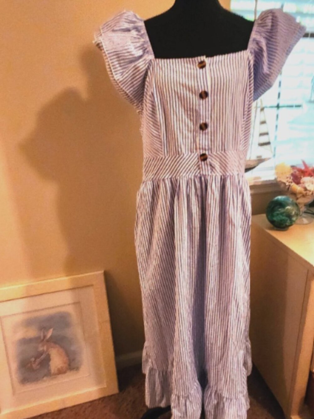 Maxi 3X Dress Nautical Blue Stripe Ruffle Puff Sleeve Beach Coastal Cottagecore